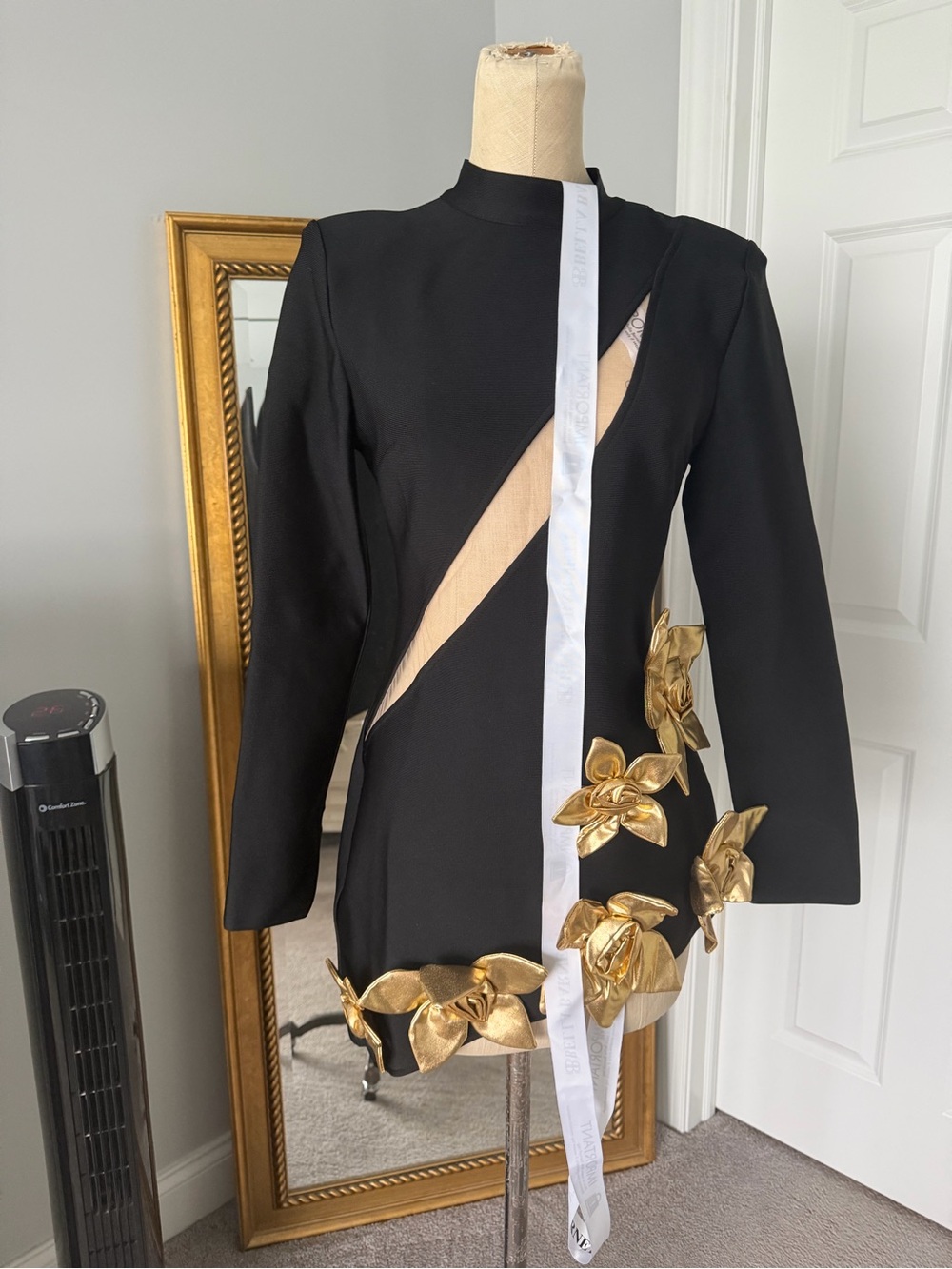 Long sleeve Black Mini Dress with Gold Floral Embellishments